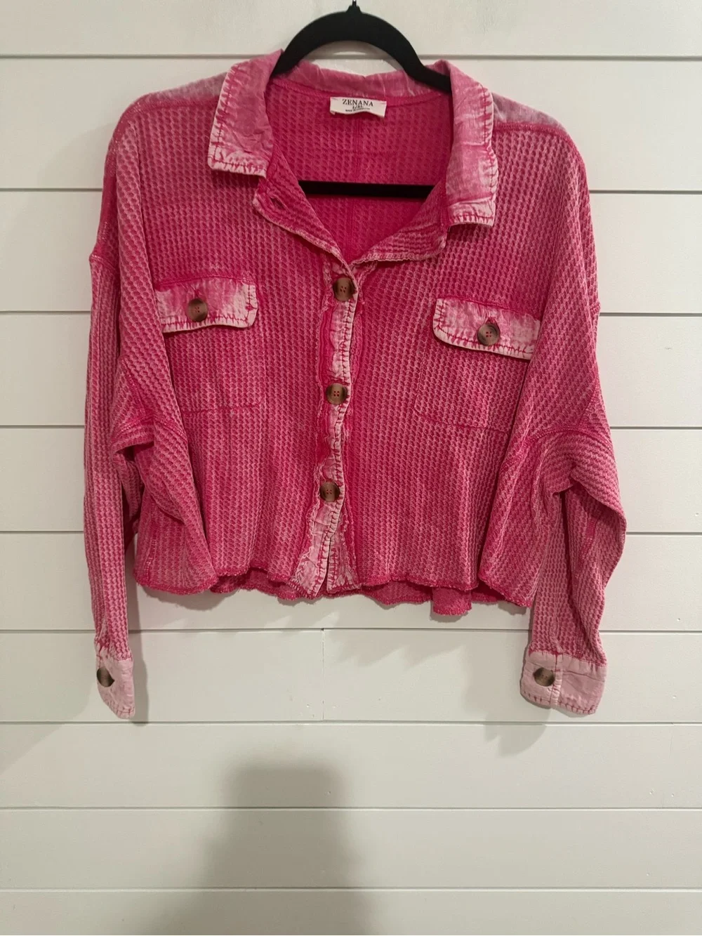 Zenana Outfitters Waffle-Knit Button-Down Crop Shirt
